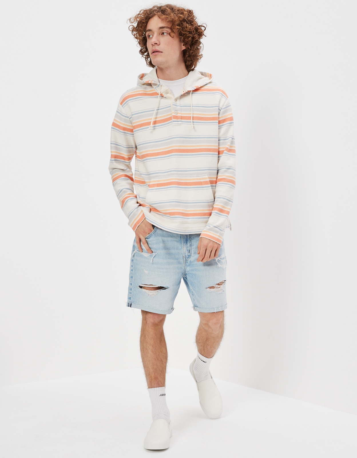 Shop AE Bonfire Fleece Striped Baja Hoodie online American Eagle