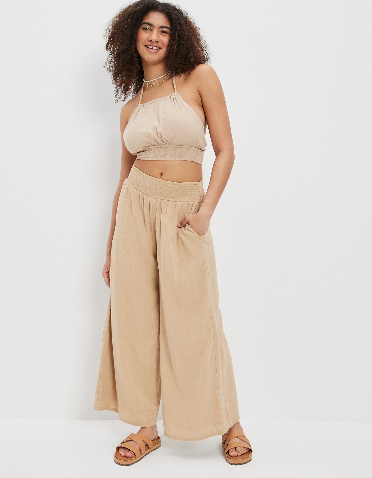 Shop AE Super High Waisted Smocked Wide Leg Pant online American