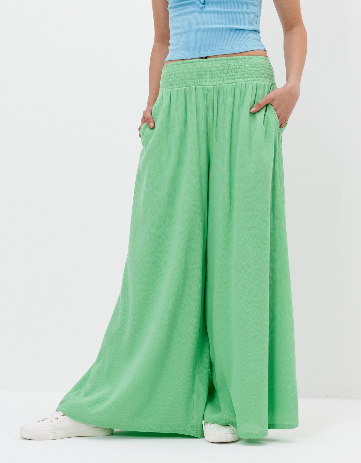 Shop AE Super High-Waisted Smocked Wide-Leg Pant online