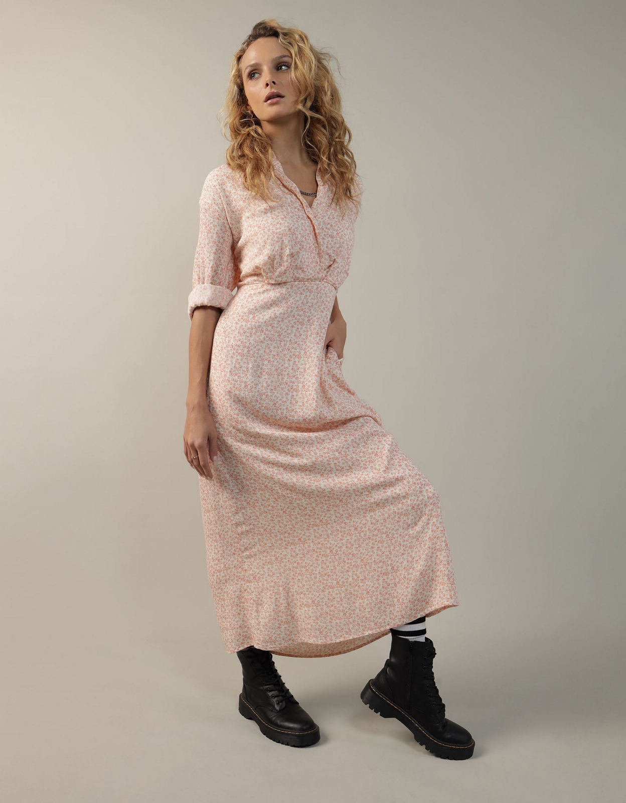 AE LONG SLEEVE FAUX WRAP MIDI SHIRT DRESS